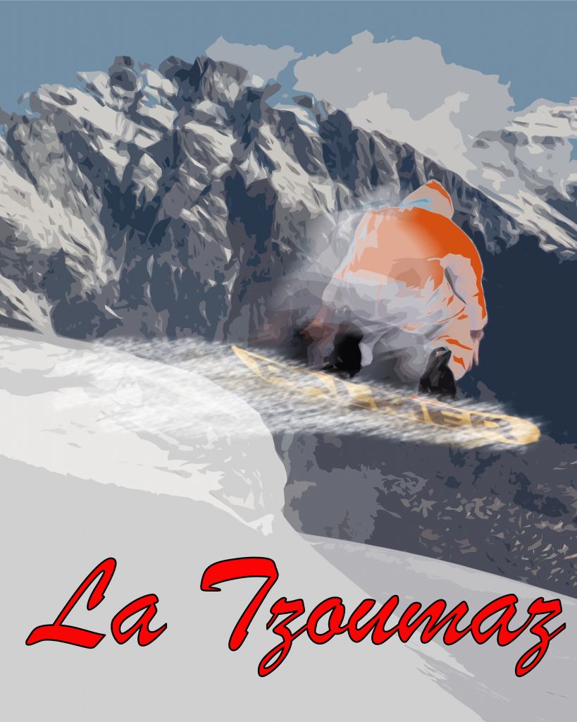 Vintage poster of La Tzoumaz with snowboarder