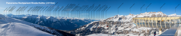 Labelled panorama from the restaurant Rinderhütte above Leukerbad in Winter